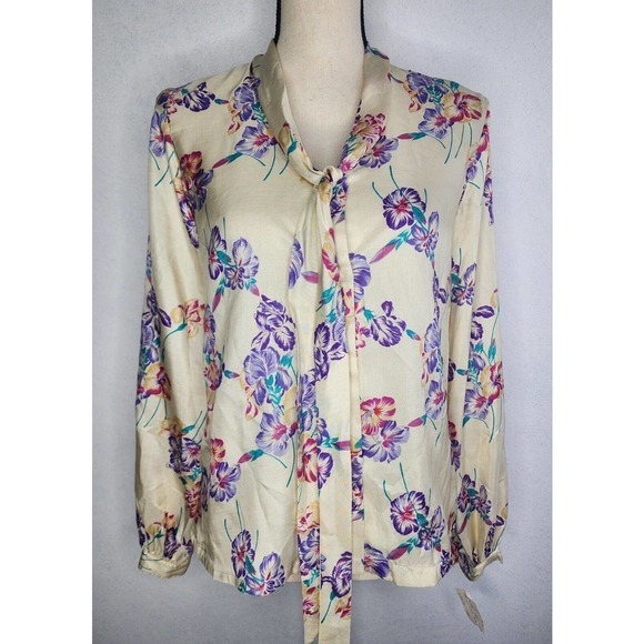 NWT VTG 70s Helen Fabrikant Floral Bow Secretary Blouse Women's Size 8 - Picture 1 of 12